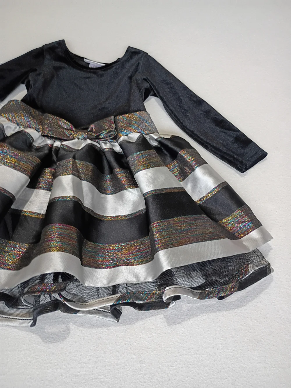 Bonnie Jean Sz 2T Party Dress Velvet Bodice Rainbow Bow Silver Black Ruffled